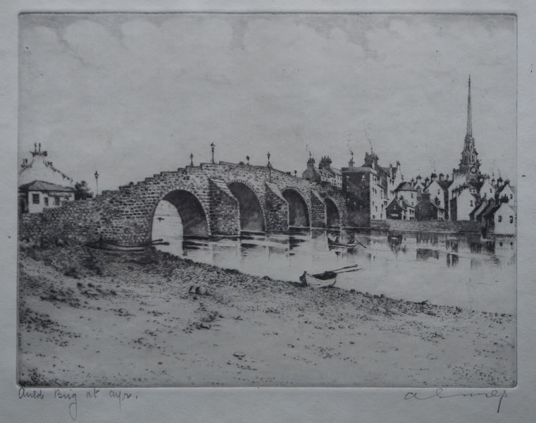Auld Brig at Ayr (from left bank) - etching by A. Simes (EJ Maybery)