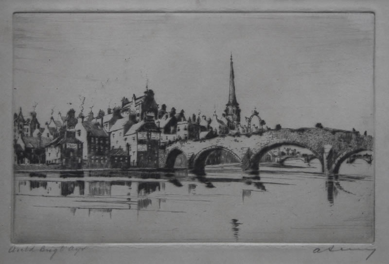 Auld Brig O' Ayr (from right bank) - etching by A. Simes (EJ Maybery)