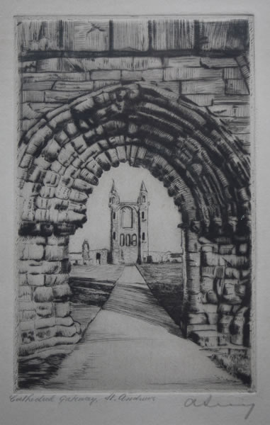 Cathedral Gateway,  St Andrews - etching by A. Simes (EJ Maybery)