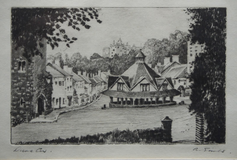 Dunster  - etching by A. Simes (EJ Maybery)