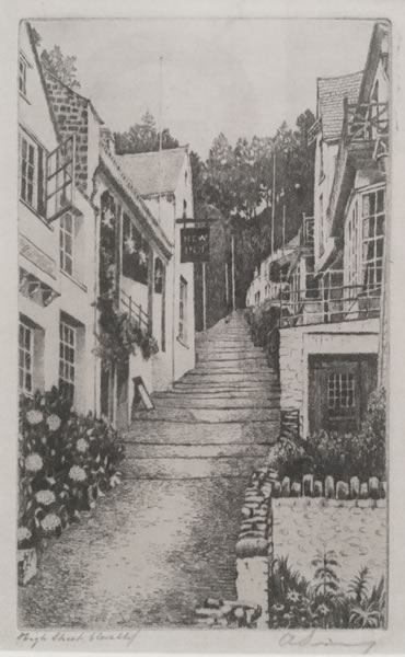 High Street Clovelly - etching by A. Simes (EJ Maybery)