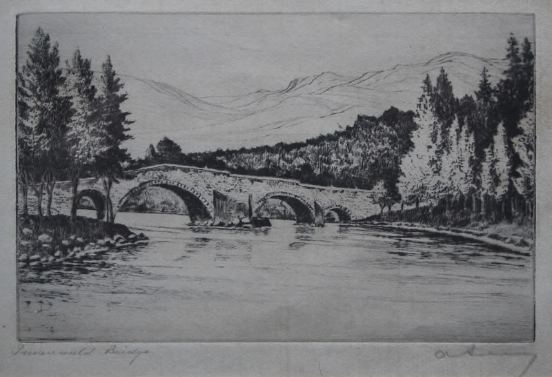Invercauld Bridge Scotland - etching by A. Simes (EJ Maybery)