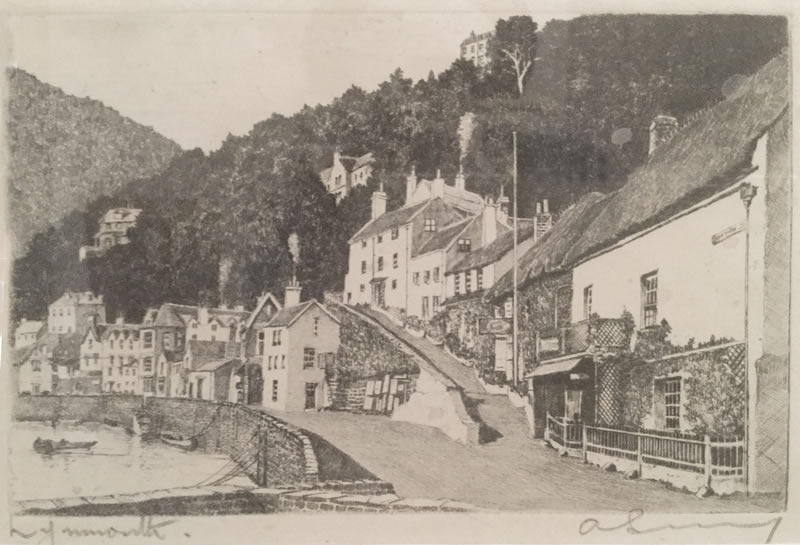 Lynmouth - etching by A. Simes (EJ Maybery)