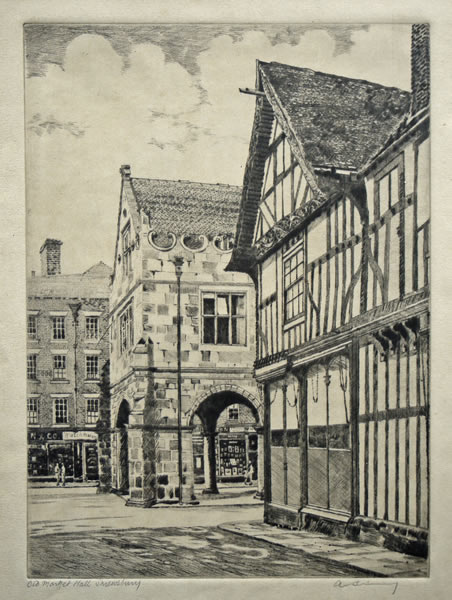 Old Market Hall, Shrewsbury - etching by A. Simes (EJ Maybery)