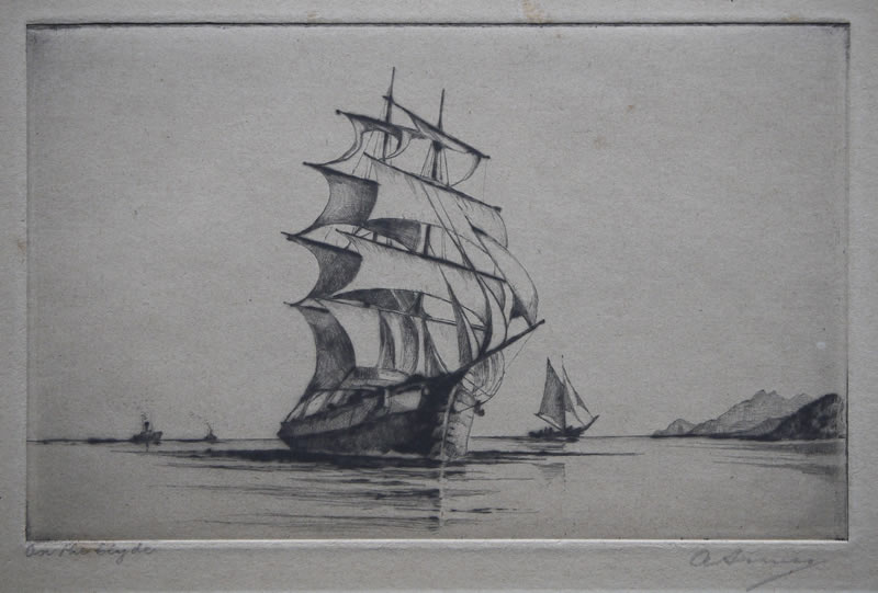 On the Clyde - etching by A. Simes (EJ Maybery)