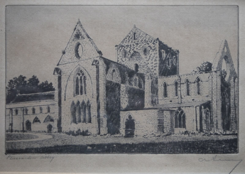 Pluscarden Abbey - etching by A. Simes (EJ Maybery)
