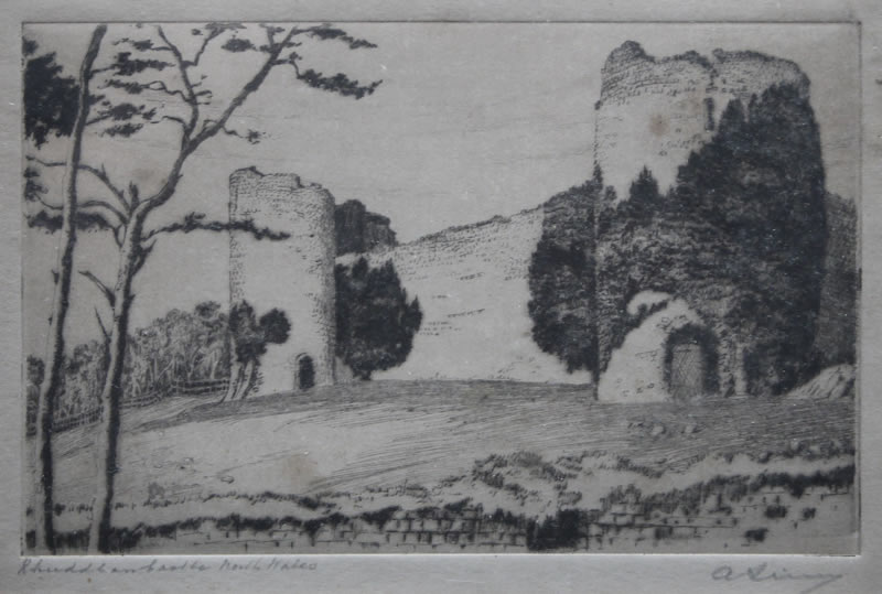 Rhuddlan Castle North Wales - etching by A. Simes (EJ Maybery)