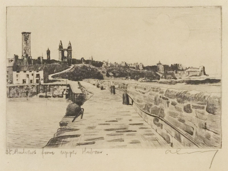 St.Andrews from Upper Harbour - etching by A. Simes (EJ Maybery)