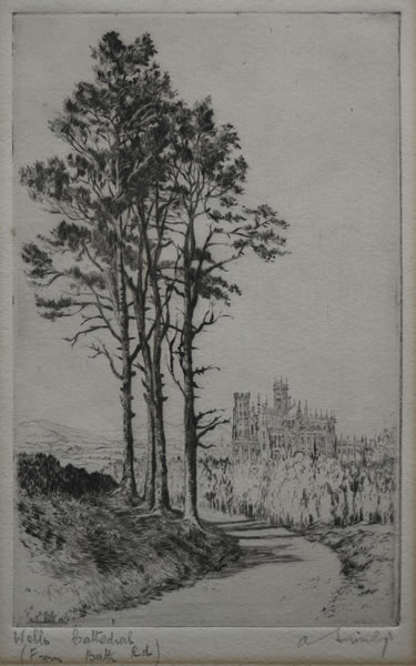 Wells Cathedral from Bath Road - etching by A. Simes (EJ Maybery)