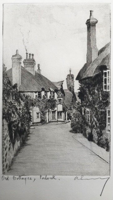 Old Cottages, Porlock - etching by A. Simes (EJ Maybery)