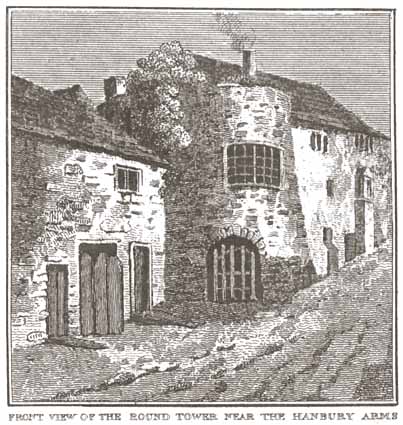 Front view of the round tower near the Hanbury Arms, Caerleon. Old print from Coxe's Monmouthshire.